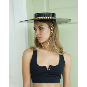 Holographic Showtime wide brim hat in Black Jacq in one size, for kink parties from HOLOSEXUAL fetish fashion.