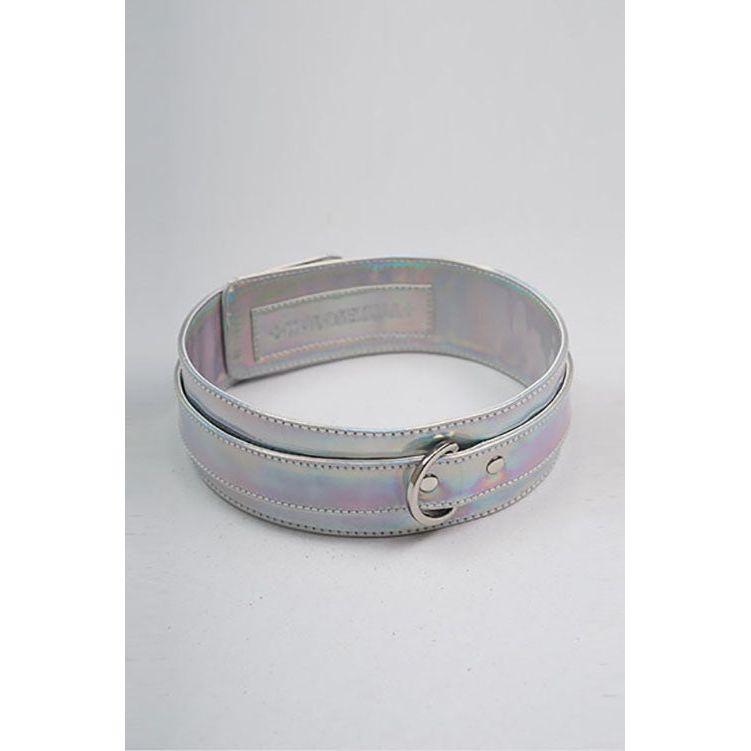 Holographic bondage collar in Silver Slammer in one size, for kink parties from HOLOSEXUAL fetish fashion.