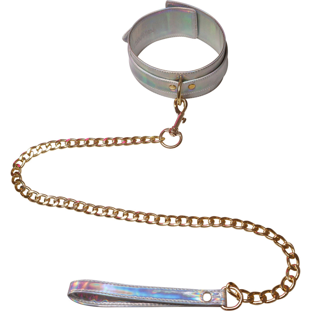 Holographic submissive chain leash in Silver Slammer in one size, for kink parties from HOLOSEXUAL fetish fashion.